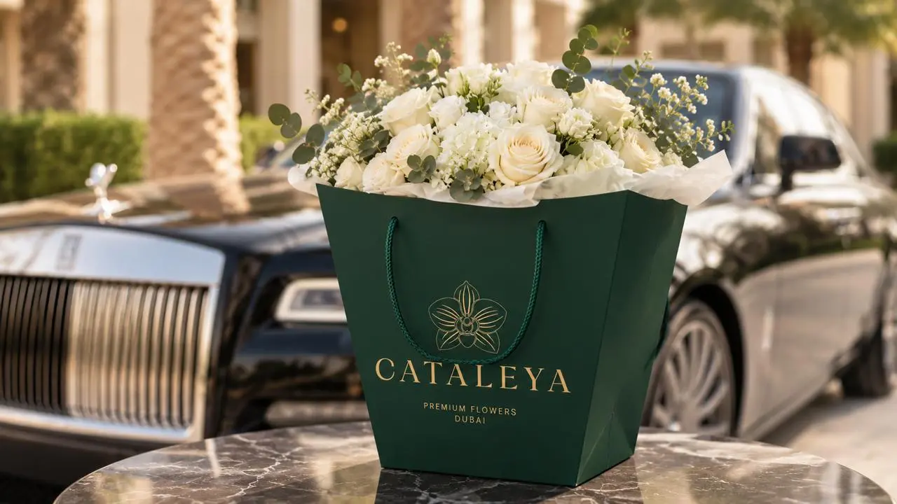 Cataleya gift bag with a white rose bouquet, delivered in Dubai